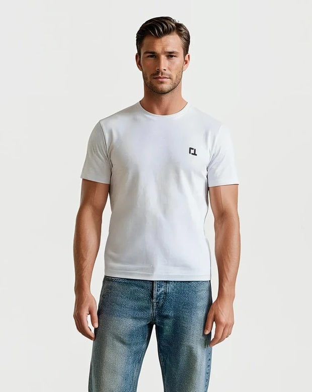 Quantock One T Shirt - White w Grey Motif