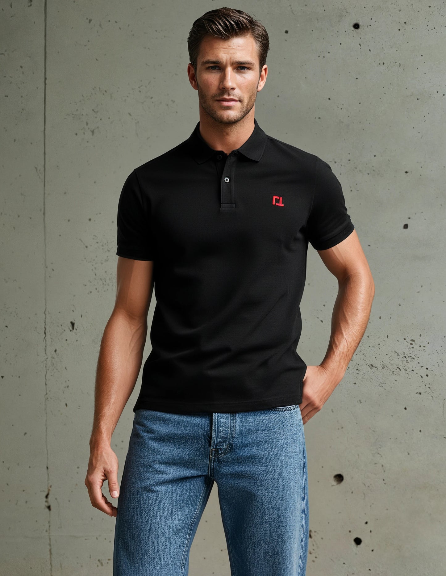 Quantock Polo in Black with Red Motif