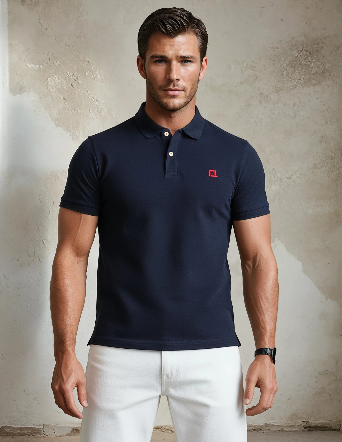 Quantock Polo in Navy with Red Motif